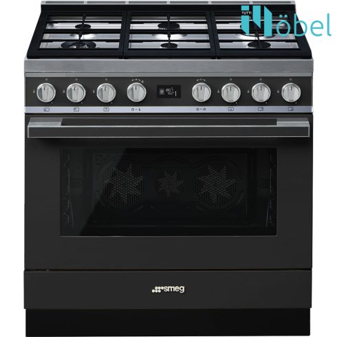 SMEG szabadonálló cooker, 90 cm, gáz főzőlappal, 115 l sütőtér, pirolitikus tisztítás, LCD kijelző, 6 gázégő, Portofino design, antracit