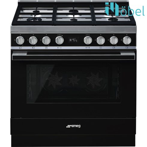 SMEG szabadonálló cooker, 90 cm, gáz főzőlappal, 115 l sütőtér, pirolitikus tisztítás, LCD kijelző, 6 gázégő, Portofino design, fekete