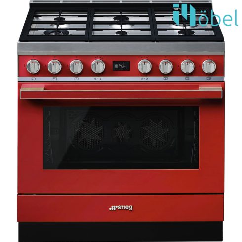 SMEG szabadonálló cooker, 90 cm, gáz főzőlappal, 115 l sütőtér, pirolitikus tisztítás, LCD kijelző, 6 gázégő, Portofino design, piros