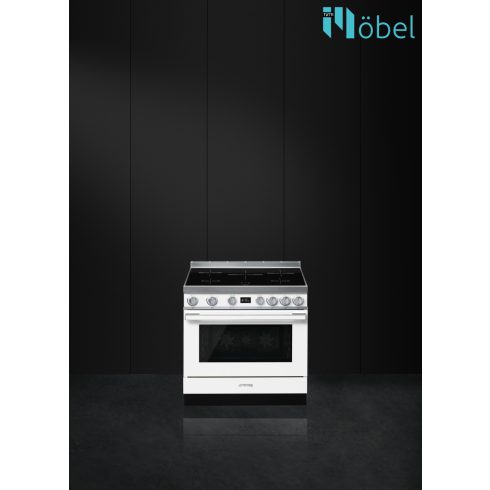 SMEG szabadonálló cooker, 90 cm, indukciós főzőlappal, 115 l sütőtér, pirolitikus tisztítás, LCD kijelző, 5 zóna, Portofino design, fehér